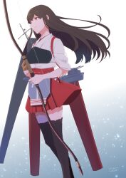  1girl akagi_(kancolle) black_hair black_thighhighs bow_(weapon) brown_eyes brown_gloves closed_mouth commentary_request gloves hakama hakama_skirt holding holding_bow_(weapon) holding_weapon japanese_clothes kantai_collection kimono long_hair muneate partially_fingerless_gloves quiver rigging signature simple_background single_glove skirt solo tasuki thigh-highs totto_(naka) weapon white_kimono yugake 