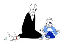  2022 2boys 2d aged_down animated animated_gif bandaid black_coat blue_pants blue_sleeves blue_socks blue_stripes child coat commentary con-cognito crying digital_media double_horizontal_stripe duo english_commentary extra_hands family father_and_son first-aid_kit full_body grey_shoes hand_on_another's_head headpat height_difference holding_hands hole_in_hand hollow_eyes horizontal-striped_clothes horizontal-striped_shirt humanoid injury kneeling knees_up long_sleeves looping_animation male male_focus male_only monster monster_boy multiple_boys pants rayman_limbs sans_(undertale) shirt shoes simple_background sitting skeleton sneakers socks striped_clothes striped_shirt sweater tears turtleneck turtleneck_sweater two-tone_shirt two-tone_shoes undead undertale utdr_(toby_fox) w.d._gaster white_background white_shirt white_shoes white_sweater 