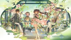  1boy 3girls absurdres alternate_costume architecture bamboo bamboo_leaf bird black_hair blue_shorts bonsai braid brown_hair chinese_clothes commentary crossed_legs dress east_asian_architecture english_commentary erhu from_behind full_body garden genshin_impact green_eyes green_shirt hair_bun hair_ornament hair_stick hanfu high_heels highres holding holding_instrument hoyofair hu_tao_(genshin_impact) instrument looking_at_viewer looking_back lotus_flower_pastry mento multiple_girls ofuda ofuda_on_head orange_eyes pants peach_blossom pipa_(instrument) plant playing_instrument purple_hair qipao qiqi_(genshin_impact) red_eyes second-party_source shirt shorts side_braid side_slit sitting skirt sky socks standing star-shaped_pupils star_(symbol) suona swallow_(bird) symbol-shaped_pupils tree twintails violet_eyes white_dress white_hair white_pants white_skirt white_socks zhongli_(genshin_impact) zibai_(genshin_impact) 