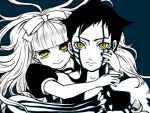  face hitoshura hug long_hair majoccoid monochrome nail_polish ribbon shin_megami_tensei_iii:_nocturne short_hair smile spot_color tattoo yellow_eyes 