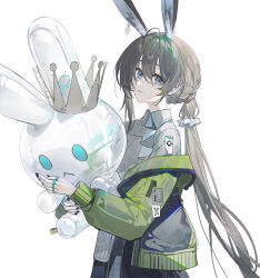  1girl absurdres amiya_(arknights) animal_ears arknights black_nails blue_eyes brown_hair commentary_request echj extra_ears green_jacket grey_shirt hair_between_eyes highres hugging_object jacket jewelry long_hair long_sleeves looking_at_viewer low_ponytail multiple_rings parted_lips ponytail rabbit_ears rabbit_girl ring ring_on_every_finger shirt simple_background solo upper_body white_background 