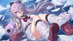  1girl :d ;d absurdres ardenlolo bad_id bad_pixiv_id bag belt black_belt black_gloves black_socks bow brown_shoes clouds day falling_feathers feathers fingerless_gloves floating full_body gloves grey_hair grin gun hair_between_eyes hair_bow highres holding holding_gun holding_weapon hololive hololive_english jewel_under_eye kneehighs koseki_bijou koseki_bijou_(serafuku) leg_warmers loafers long_hair long_hair_between_eyes looking_at_viewer midair midriff miniskirt neckerchief one_eye_closed outdoors pebble_(koseki_bijou) pleated_skirt purple_neckerchief sailor_collar school_bag shirt shoes skirt smile socks solo violet_eyes virtual_youtuber weapon white_leg_warmers white_sailor_collar white_shirt white_skirt 