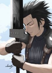  1boy armor artist_name black_gloves black_hair buster_sword closed_eyes closed_mouth clouds cloudy_sky commentary_request crisis_core:_final_fantasy_vii cross_scar earrings final_fantasy final_fantasy_vii from_side gloves highres holding holding_sword holding_weapon jewelry male_focus outdoors ribbed_sweater sanatty scar scar_on_cheek scar_on_face short_hair shoulder_armor sky sleeveless sleeveless_turtleneck solo spiky_hair stud_earrings suspenders sweater sword turtleneck turtleneck_sweater upper_body weapon zack_fair 