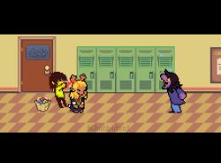 1other 3girls accident alphys animated animated_gif antlers blonde_hair brown_hair chubbidust colored_skin commentary deltarune eating english_commentary food food_on_face furry furry_female hallway horns indoors kris_(deltarune) locker long_hair monster_girl multiple_girls noelle_holiday pixel_art playing purple_skin reindeer_girl school slingshot_(weapon) susie_(deltarune) throwing throwing_food utdr_(toby_fox)