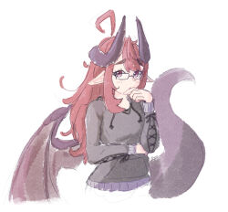  1girl ahoge dragon_girl dragon_horns dragon_tail dragon_wings glasses grape_(vtuber) grapechann grey_hoodie hair_between_eyes hood hoodie horns indie_virtual_youtuber long_hair looking_at_viewer pink_hair pointy_ears purple_horns purple_tail solo tail virtual_youtuber white_background wings 
