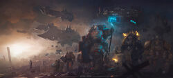  6+boys adeptus_astartes armor army artist_name banner bolter chain eddygonzlezdvila fire helmet highres holding holding_shield imperial_fists multiple_boys pauldrons phalanx_(warhammer_40k) plasma_cannon power_armor shield shoulder_armor spacecraft storm_shield terminator_armor thunder_hammer warhammer_40k weapon 