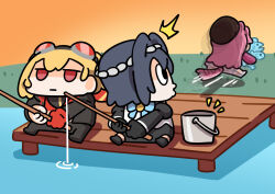  3girls ^^^ afterimage animal_ears beret blonde_hair blue_hair commentary fish fishing fishing_rod gloves goggles goggles_on_head hair_intakes hair_ribbon hairband hat highres hololive hololive_english hololive_indonesia jitome kaela_kovalskia kaela_kovalskia_(4th_costume) keenbiscuit long_hair medium_hair multiple_girls ouro_kronii ouro_kronii_(1st_costume) panther_ears panther_girl panther_tail pink_hair raora_panthera red_eyes red_gloves ribbon single_glove sitting tail theft virtual_youtuber water 
