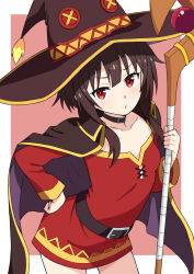  1girl arched_back belt_collar black_cape cape closed_mouth collar collarbone commentary_request cowboy_shot dress hand_on_own_hip hat highres holding holding_staff kono_subarashii_sekai_ni_shukufuku_wo! long_hair long_sleeves looking_at_viewer mage_staff megumin paid_reward_available pink_background red_dress red_eyes ryo4423 short_dress solo staff two-tone_background white_background witch_hat 
