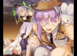  +_+ 2girls 3boys absurdres ahoge animal_on_head black_hair black_necktie cat cat_on_head commentary_request cup deerstalker domino_mask drinking_glass eye_mask eyepatch facial_hair fate/grand_order fate_(series) fish gk0213 grey_hair hat hawaiian_shirt heterochromia highres holding holding_pen james_moriarty_(archer)_(fate) james_moriarty_(king_joker_jack)_(fate) james_moriarty_(ruler)_(fate) james_moriarty_(sweets_paradise)_(fate) kingprotea_(fate) kingprotea_(swimsuit_mooncancer)_(second_ascension)_(fate) kingprotea_alter_(fate) kingprotea_alter_(swimsuit_avenger)_(second_ascension)_(fate) long_hair mask medical_eyepatch multiple_boys multiple_girls mustache necktie notebook on_head pen purple_hair sherlock_holmes_(fate) shirt swordfish taking_notes violet_eyes wine_glass 