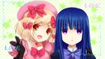  :| blonde_hair bow brown_eyes butterfly english fang formal frederica_bernkastel gloves hair_bow hair_ornament hat highres jewelry lambdadelta long_hair love necklace purple_eyes purple_hair she&#039;s_a_cake short_hair smile umineko_no_naku_koro_ni v violet_eyes yuri 