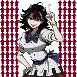  1girl absurdres arm_up arrow_(symbol) arrow_background black_dress black_hair blue_bow bow bracelet breasts buttons collar collared_dress commentary contrapposto cowboy_shot dress english_commentary evil_grin evil_smile gold_bracelet grey_horns grin hand_on_own_hip highres horns jewelry kijin_seija kinoshii-shroom looking_at_viewer medium_breasts medium_hair multicolored_dress multicolored_hair open_mouth pointing pointing_up puffy_short_sleeves puffy_sleeves red_collar red_dress red_eyes red_streaks sash shaded_face sharp_teeth short_sleeves small_horns smile solo streaked_hair teeth tongue tongue_out touhou waist_bow waist_sash white_background white_dress white_hair white_streaks 