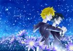  black_hair blonde_hair blue_eyes closed_eyes eyes_closed flower hug hug_from_behind kingdom_hearts kingdom_hearts_358/2_days petals roxas short_hair symbols tears xion_(kingdom_hearts) 