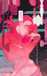  1boy antique_phone braid chinese_commentary cleavage_cutout clothing_cutout commentary_request corded_phone cropped_torso english_text freckles heterochromia highres jojo_no_kimyou_na_bouken long_hair long_sleeves male_focus navel palm_leaf parted_lips pectoral_cleavage pectorals phone pink_hair ribbed_sweater solo speech_bubble sweater talking_on_phone vento_aureo vinegar_doppio xxr19911227 