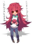  apple blush brown_eyes dango_mushi food fruit holding holding_apple holding_fruit long_hair mahou_shoujo_madoka_magica red_hair redhead sakura_kyouko solo translated translation_request trembling 