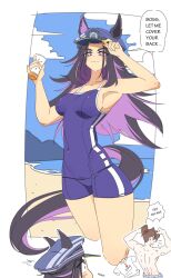  1boy 1girl absurdres adultwithapen animal_ears black_hair blue_one-piece_swimsuit blush bottle brown_eyes brown_hair closed_mouth colored_bangs competition_school_swimsuit covered_navel ears_through_headwear fenomeno_(umamusume) hat highres horse_ears horse_girl horse_tail horseshoe_hat_ornament horseshoe_ornament horseshoe_print long_hair looking_at_viewer lotion lotion_bottle multicolored_hair muscular muscular_male one-piece_swimsuit open_mouth original peaked_cap purple_hair school_swimsuit single_vertical_stripe striped_hat sunscreen swimsuit tail tail_through_clothes tracen_swimsuit trainer_(umamusume) umamusume violet_eyes 
