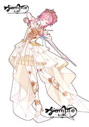  1girl absurdres armor bare_arms bare_shoulders breastplate chinese_commentary closed_eyes closed_mouth clothing_cutout coattails collar commentary_request detached_collar dress eyelashes floral_print flower frilled_skirt frills full_body gold_tiara hair_bun happy high_collar high_heels highres holding holding_sword holding_weapon infinity_nikki knee_pads leaning_to_the_side long_dress melody_bloom_(infinity_nikki) miniskirt nikki_(nikki) nikki_(series) no_armwear pink_hair print_thighhighs rapier rose rose_print sample_watermark shanfengzhu shoes short_hair_with_long_locks short_sleeves shoulder_cutout sidelocks simple_background single_hair_bun skirt skirt_under_dress smile solo standing sword tailcoat thigh-highs tiara updo watermark weapon white_background white_collar white_dress white_thighhighs yellow_flower yellow_rose yellow_shoes yellow_skirt 