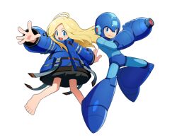  1boy 1girl android aqua_eyes arm_cannon armor barefoot blonde_hair blue_coat blue_eyes blue_helmet bodysuit capcom child closed_mouth coat commentary_request company_connection crossover diana_(pragmata) full_body helmet holding long_hair long_sleeves looking_at_viewer mega_man_(character) mega_man_(classic) mega_man_(series) official_art open_mouth padded_coat pragmata puffy_coat puffy_long_sleeves puffy_sleeves robot simple_background smile weapon 