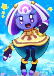  1girl anklet artist_name black_gloves black_pantyhose blue_background blue_shorts blue_sky cloak colored_skin commentary english_commentary fingerless_gloves full_body gloves hair_ornament hand_up happy highres jewelry kirby_(series) kirby_and_the_world_beyond koikeda-yoh looking_at_viewer multicolored_hair mysterious_girl_(kirby_and_the_world_beyond) no_sclera open_mouth outdoors pantyhose purple_hair purple_skin rayman_limbs short_hair short_shorts shorts sidelocks signature sky smile solo sparkle star_(symbol) straight-on toeless_legwear twitter_username two-sided_cloak two-sided_fabric two-tone_hair violet_eyes waving white_hair yellow_cloak 