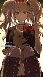  1girl artist_name bear bear_hair_ornament blonde_hair blue_eyes boots bow breasts choker commentary_request danganronpa:_trigger_happy_havoc danganronpa_(series) english_text enoshima_junko expressionless hair_ornament highres kinokodykf long_hair monokuma nail_polish red_nails shirt sidelocks skirt solo twintails v 