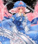  acrylic_paint_(medium) breasts butterfly cherry_blossoms fan folding_fan ghost hat japanese_clothes pink_hair rano red_eyes saigyouji_yuyuko solo touhou traditional_media triangular_headpiece 