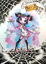  1girl 2017 2d anthro arachnid arthropod arthropod_girl artist_name black_hair black_sclera black_thighhighs bow character_name claire8783 colored_sclera colored_skin cup cupcake english_text extra_arms extra_eyes fangs female female_only food hair_bow highres holding holding_cup holding_food holding_teapot holding_tray maid maid_apron monster monster_girl muffet puffy_short_sleeves puffy_sleeves purple_skin red_bow red_romper romper short_twintails sign simple_background solo spider spider_girl spider_web teacup teapot text thigh-highs traditional_media tray twintails undertale utdr_(toby_fox) watercolor_(medium) watermark white_apron white_background 