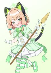  1girl absurdres animal_ear_headphones animal_ears blonde_hair blue_archive blush bow breasts cat_ear_headphones cat_ears cat_tail commentary_request dress fake_animal_ears fake_tail full_body gradient_background green_background green_bow green_dress green_eyes green_halo green_shoes hair_bow halo headphones highres looking_at_viewer magical_girl midori_(blue_archive) open_mouth ribbon shoes si_kishi small_breasts smile striped_clothes striped_thighhighs tail thigh-highs wand white_background white_hands yellow_bow 