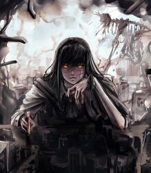  1girl black_cape black_hair blunt_bangs bullet cape chainsaw_man collared_shirt commentary cross_scar facing_viewer giant_skeleton glowing glowing_eyes head_rest highres lips long_hair looking_at_viewer monster mre_r_art neck_ribbon orange_eyes parted_lips ribbon ringed_eyes scar scar_on_cheek scar_on_face scar_on_nose shirt smoke table teeth yoru_(chainsaw_man) 