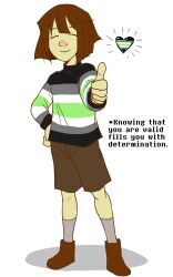  1other 2015 2d agender_flag ambiguous_gender ankle_boots black_sweater boots brown_boots brown_hair brown_shorts child commentary digital_media english_commentary facing_viewer frisk_(undertale) full_body green_sweater grey_socks grey_sweater hand_on_own_hip heart horizontal-striped_clothes human long_sleeves multicolored_sweater neomi-trix other_focus shadow short_hair shorts simple_background smile socks solo standing striped_clothes striped_sweater sweater thumbs_up undertale utdr_(toby_fox) white_background white_sweater 