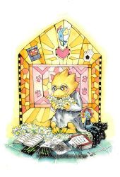  1girl 2018 2d alphys animal_nose anthro artist_name barefoot book buck_teeth character_doll claire8783 coat colored_skin dinosaur dinosaur_girl doll female female_only floor flower full_body glasses heart heart_print highres holding holding_flower lab_coat lizard lizard_girl lizard_tail long_sleeves monster monster_girl paper reptile reptile_girl reptile_tail scalie signature simple_background solo stained_glass standing tail teeth traditional_media undertale undyne utdr_(toby_fox) watercolor_(medium) watermark white_background white_coat white_flower yellow_skin 