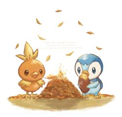  autumn_leaves baby_animal bird blue_eyes breath_weapon breathing_fire chick commentary_request eating fire fuyu_(utngrtn) highres leaf no_humans open_mouth penguin piplup pokemon pokemon_(creature) pokemon_focus standing talons torchic white_background 