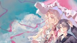  1boy 1girl between_fingers black_sailor_collar blonde_hair blue_eyes blue_sky blueberry bow bowtie character_request chinese_commentary closed_mouth clouds commentary_request confetti day eyelashes eyeshadow floating_hair food frilled_sleeves frilled_umbrella frills fruit grey_eyes grey_hair grey_shirt hair_between_eyes half-closed_eyes hand_on_own_head happy height_difference highres holding holding_food holding_fruit holding_umbrella identity_v light_smile limmy_(shaqinai71548) long_hair long_sleeves looking_ahead looking_at_another makeup outdoors parasol parted_bangs parted_lips pink_eyeshadow pink_shirt pink_umbrella plaid_clothes plaid_shirt pointy_nose puffy_long_sleeves puffy_sleeves sailor_collar shirt short_hair signature sky smile split-color_clothes streamers surprised teeth two-tone_shirt umbrella umbrella_over_shoulder very_long_hair wavy_hair white_bow white_bowtie white_shirt wind 