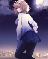 1girl 710_ao arcueid_brunestud black_pantyhose blonde_hair blue_skirt boots breasts brown_boots city clouds commentary_request from_behind full_moon hand_on_own_hip hand_on_own_thigh highres large_breasts leg_lift looking_at_viewer looking_back miniskirt moon night pantyhose profile red_eyes short_hair skirt solo standing standing_on_one_leg sweater thigh_boots tsukihime tsukihime_(remake) turtleneck turtleneck_sweater white_sweater 