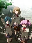  arms_behind_head brown_hair closed_eyes eyes_closed kakuno kaname_madoka mahou_shoujo_madoka_magica miki_sayaka multiple_girls school_uniform shade shizuki_hitomi smile tree_shade twintails walking 