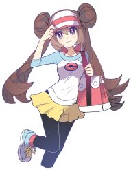  1girl absurdres bag black_pantyhose blue_eyes blush breasts brown_hair closed_mouth donut_hair_bun double_bun hair_bun hat highres long_hair looking_at_viewer pantyhose pantyhose_under_shorts poke_ball_print pokemon pokemon_black_2_and_white_2 raglan_sleeves rosa_(pokemon) shirt shocho_(shaojiujiu) shoes shorts shoulder_bag small_breasts smile solo twintails visor_cap yellow_shorts 