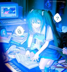  ? aqua_eyes aqua_hair aqua_nails aqua_trim black_skirt book bowl bracelet can chopsticks closed_mouth computer computer_keyboard dot_nose drink_can fingernails folder guitar hatsune_miku highres indoors instrument jewelry keyboard_(instrument) kneeling long_hair musical_note nail_polish ofuronu pleated_skirt poster_(object) sheet_music shirt skirt soda_can speaker spoken_question_mark spoken_squiggle squiggle sweatdrop t-shirt translation_request twintails very_long_hair vocaloid white_shirt 