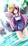  1girl arms_up hata_no_kokoro hemogurobin_a1c highres lavender_hair long_hair looking_at_viewer mask new_mask_of_hope pink_eyes school_swimsuit solo swimsuit touhou water waterfall 