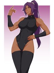  1girl bare_shoulders black_leotard bleach bleach:_sennen_kessen-hen breasts commentary covered_navel dark-skinned_female dark_skin hand_on_own_hip highres leotard long_hair looking_at_viewer ponytail purple_hair s2matt shihouin_yoruichi shihouin_yoruichi_(innersuit)_(sennen_kessen-hen) sleeveless solo standing teeth thigh-highs thighs tight_clothes toned toned_female watermark yellow_eyes 