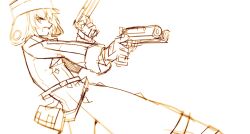 1boy anpolly bag brown_thighhighs buttons coat commentary_request dual_wielding fur_sleeves gloves gun gunner_(sekaiju) gunner_1_(sekaiju) hat holding holding_gun holding_weapon long_sleeves looking_at_viewer male_focus open_mouth profile sekaiju_no_meikyuu sekaiju_no_meikyuu_2 short_hair simple_background sketch solo teeth thigh-highs upper_teeth_only ushanka v-shaped_eyebrows weapon white_background 