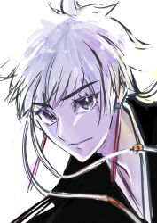  1girl absurdres anno_im bleach blue_eyes commentary_request earrings highres japanese_clothes jewelry kotetsu_isane portrait shihakusho short_hair_with_long_locks solo white_hair 