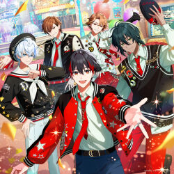  5boys :d ahoge antenna_hair arm_up balloon beckoning belt belt_buckle beret black_hair black_jacket black_sweater_vest blue_eyes blue_pants blue_streaks brown_hair brown_streaks buckle clenched_hand closed_mouth collared_shirt commentary_request confetti copyright_notice dark-skinned_male dark_skin didi_cedric_byrd disney_sparklink_stars dress_shirt fountain green_eyes grin hair_between_eyes hair_intakes hair_ornament hairclip hand_on_own_hip hat hidden_mickey highres holding holding_unworn_clothes holding_unworn_hat hugh_gardner jacket jewelry lamppost letterman_jacket light_smile long_sleeves looking_at_viewer male_focus multicolored_hair multiple_boys neckerchief necktie neo_michell official_art open_clothes open_jacket open_mouth orange_hair outstretched_arm outstretched_hand pants parallel_hairclips pin ranka_munck raska_moncrief reaching reaching_towards_viewer red_eyes red_jacket red_necktie red_pants red_streaks ring sailor_collar sailor_hat shirt short_hair sidelocks smile sparkle streaked_hair striped_clothes striped_necktie sweater_vest unworn_hat unworn_headwear wallet_chain white_hair white_neckerchief white_pants white_sailor_collar white_shirt wing_collar x_hair_ornament yellow_eyes 