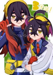 1boy 1girl absurdres anniversary bag black_hair blue_jacket blue_shirt brother_and_sister carmine_(pokemon) closed_mouth collared_shirt commentary_request crossed_bangs eyelashes gloves hair_between_eyes hairband highres jacket kieran_(pokemon) long_hair long_sleeves looking_at_viewer mole mole_on_neck mole_under_eye multicolored_hair pokemon pokemon_scarlet_and_violet poyo_128 purple_hair red_gloves red_hair shirt siblings signature simple_background single_glove smile star_(symbol) upper_body white_jacket yellow_bag yellow_eyes yellow_hairband 