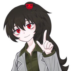  1girl absurdres bear_hair_ornament brown_hair buttons carmen_(project_moon) closed_mouth coat collared_shirt commentary_request debbie_kimm green_shirt hair_ornament head_tilt high_ponytail highres lab_coat lapels lobotomy_corporation notched_lapels pointing pointing_at_viewer ponytail project_moon red_eyes shirt smile solo white_coat 