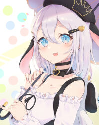  1girl alternate_hair_length_(longer) animal_bag animal_ears aogiri_koukou bare_shoulders belt_collar beret black_choker black_collar black_ears black_hat black_skirt blush breasts chest_ribbon choker collar commentary_request double-parted_bangs extra_ears floppy_ears frilled_shirt frills from_side gorirasaru440 grey_hair hair_between_eyes hair_ornament hairclip hat heart heart_collar heart_hair_ornament high-waist_skirt highres holding holding_umbrella large_breasts long_sleeves looking_at_viewer lop_rabbit_ears medium_hair multiple_chokers multiple_collars multiple_hairclips off-shoulder_shirt off_shoulder official_alternate_costume official_alternate_hairstyle open_mouth parallel_hairclips rabbit_bag rabbit_ears shirt skirt solo stuffed_animal stuffed_rabbit stuffed_toy suspender_skirt suspenders umbrella underbust upper_body virtual_youtuber white_shirt yamaguro_nekuro 