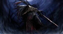  1boy absurdres bamboo-hatted_kim black_coat blue_background coat coat_on_shoulders commentary_request covered_face e.g.o_(project_moon) hat hen_na highres holding holding_sword holding_weapon limbus_company project_moon rice_hat standing sword weapon 