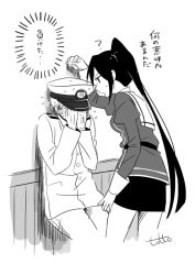  1boy 1girl ? admiral_(kancolle) against_wall commentary_request covering_own_eyes cropped_legs flying_sweatdrops gloves greyscale hat hetero jacket juliet_sleeves kabedon kantai_collection long_hair long_sleeves military_uniform monochrome nachi_(kancolle) nachi_kai_ni_(kancolle) naval_uniform open_mouth pencil_skirt ponytail puffy_sleeves side_ponytail signature skirt sweat totto_(naka) translation_request very_long_hair 