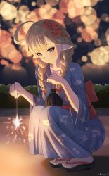  1girl absurdres ahoge alternate_costume artist_name blonde_hair blue_eyes blue_kimono blurry blurry_background blush bow braid breasts closed_mouth depth_of_field elf fireworks floral_print floral_print_kimono flower flower_ornament full_body hair_flower hair_ornament hair_over_shoulder highres holding holding_fireworks indie_virtual_youtuber japanese_clothes kimono kochang17 long_hair long_sleeves lyydia_(sunako) medium_breasts night obi outdoors pointy_ears print_kimono red_bow red_flower sandals sash senkou_hanabi signature sky smile solo sparkler tree twin_braids virtual_youtuber wide_sleeves yukata zouri 