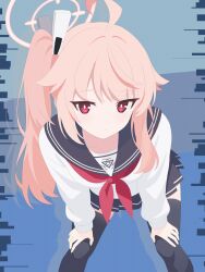  1girl ahoge bent_over black_sailor_collar black_skirt black_thighhighs blue_archive blue_background bright_pupils closed_mouth commentary expressionless feet_out_of_frame hair_ornament halo highres long_hair long_sleeves miniskirt natsu_(blue_archive) neckerchief pink_hair pink_halo pleated_skirt red_eyes red_neckerchief sailor_collar school_uniform serafuku shirt side_ponytail skirt solo standing starry_mq straight_hair thigh-highs white_pupils white_shirt zettai_ryouiki 
