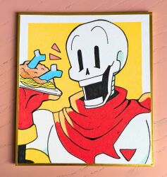  1boy 2026 2d armor bone cape food gloves highres holding holding_food holding_plate humanoid male male_focus male_only miki_288 monster monster_boy notice_lines open_mouth papyrus_(undertale) pasta photo_(medium) plate portrait print_armor red_cape red_gloves simple_background skeleton solo spaghetti teeth traditional_media undead undertale utdr_(toby_fox) white_armor white_border yellow_background yellow_trim 