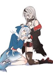  2girls animal_hood belt_collar black_boots black_collar black_gloves black_hair black_streaks black_thighhighs blue_eyes blue_hair blue_hoodie blue_streaks blush boots braid breasts camisole center-flap_bangs collar fingerless_gloves fins fish_tail frilled_camisole frills garter_straps gawr_gura gawr_gura_(1st_costume) gloves grabbing_another's_hand grey_hair hair_ornament hairclip headpat heart_pendant high_heel_boots high_heels highres hololive hololive_english hood hood_up hoodie jacket jacket_partially_removed long_hair long_sleeves looking_at_another manajiricyan miniskirt multicolored_hair multiple_girls nail_polish plaid_clothes plaid_skirt platform_boots pleated_skirt quilted_jacket red_eyes red_jacket red_nails red_skirt sakamata_chloe sakamata_chloe_(1st_costume) shark_girl shark_hood shark_print shark_tail shoes sitting sketch skirt sneakers streaked_hair tail thigh-highs two-sided_fabric white_camisole white_hair white_shoes x_hair_ornament 