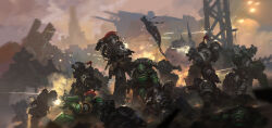  6+boys absurdres adeptus_astartes armor battle black_armor eddygonzlezdvila explosion firing green_armor helmet highres holding_bolter horus_heresy multiple_boys muzzle_flash pauldrons power_armor projectile_trail raven_guard salamanders_(warhammer) shoulder_armor smoke studded_helmet studded_pauldrons tassel warhammer_40k 